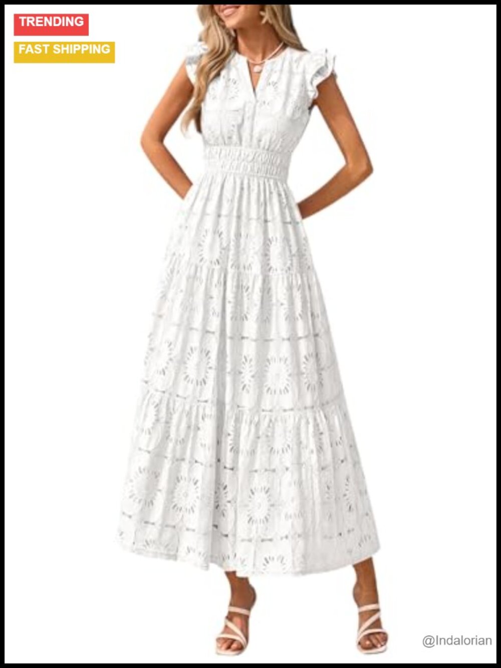 PRETTYGARDEN Women's Eyelet Boho Maxi Dress Flutter Sleeve V-Neck Summer